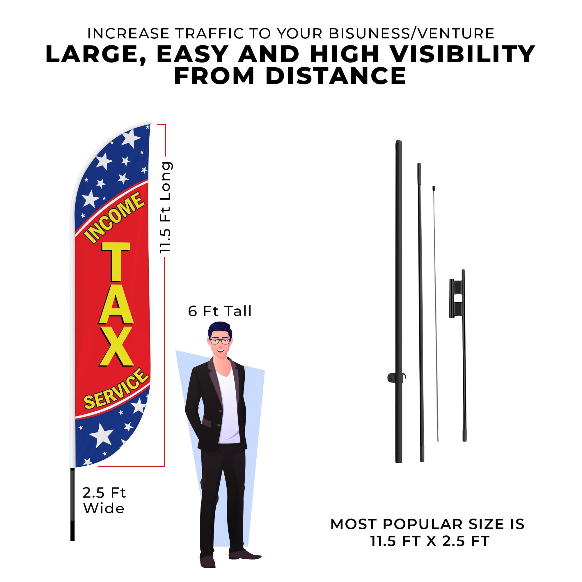 Income Tax Feather Flag(11.5feetX2.5feet) by DreamController | Outdoor Business Advertising Tall Flag | Weather-Resistant Knitted Swooper Flag | Made in USA | HD Print (Flag Only)17
