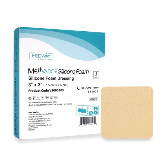 MedVance TM Silicone - Silicone Adhesive Foam Absorbent Dressing, 3"x3", Box of 5 dressings