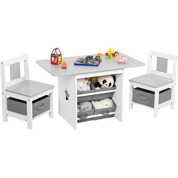 Mesa con Sillas para Niños, Mesa Niños con Sillas y 6 Juguetero Organizador Infantil, Mesa Montessori para Niños para Jugar, Leer, Comer y Comedor Infantil(Gray)