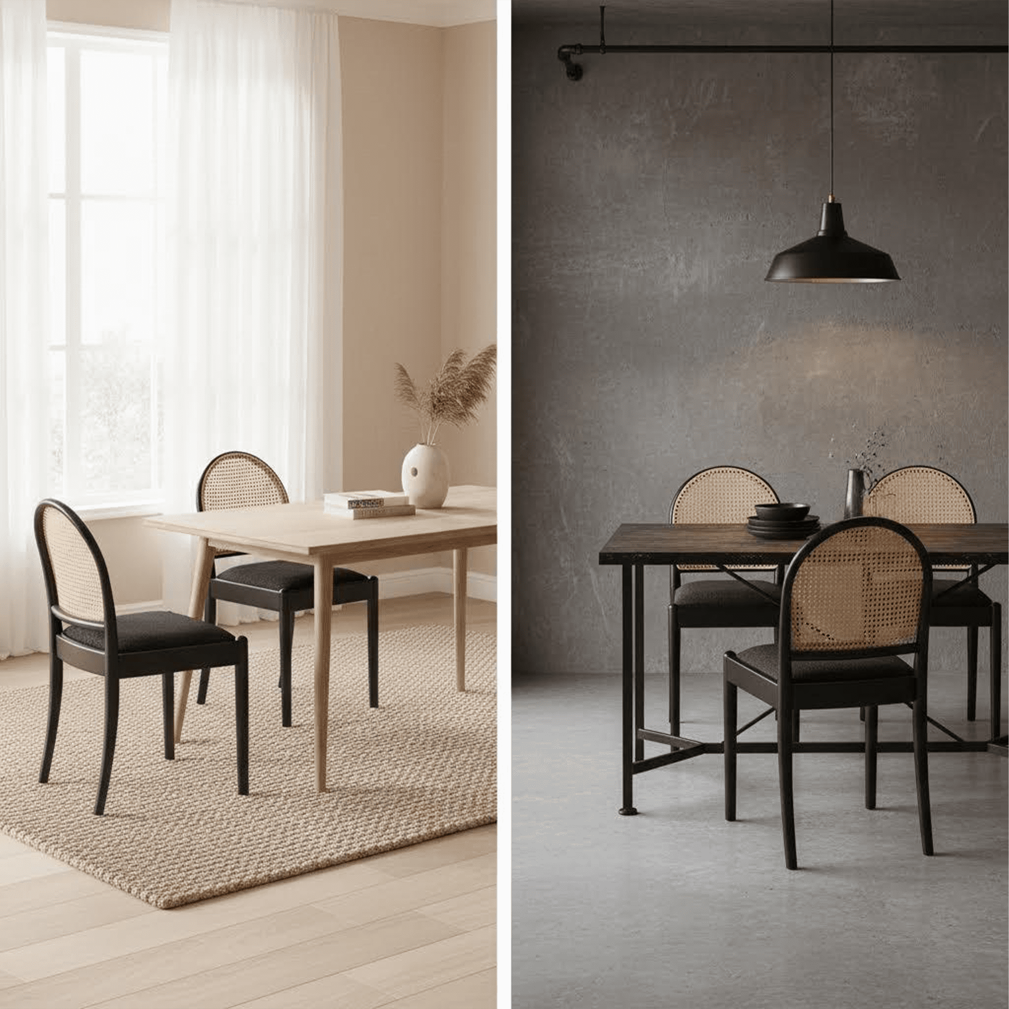 Leumius Rattan Dining Chairs Set of 2, Upholstered Linen Dining Room Chairs with Backrests, Modern Kitchen Chairs with Wood Legs for Dining Room, Black