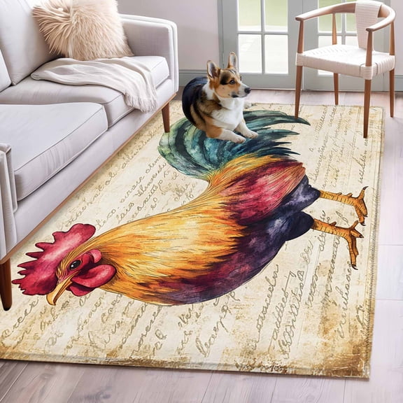 Farmhouse Rooster Area Rug 4x6 Washable Rug Non Slip Vintage Rustic Animal Prints Large Area Rug Indoor Floor Carpet for Entryway Bedroom Kitchen Living Room Home Office Dining Room Nursery