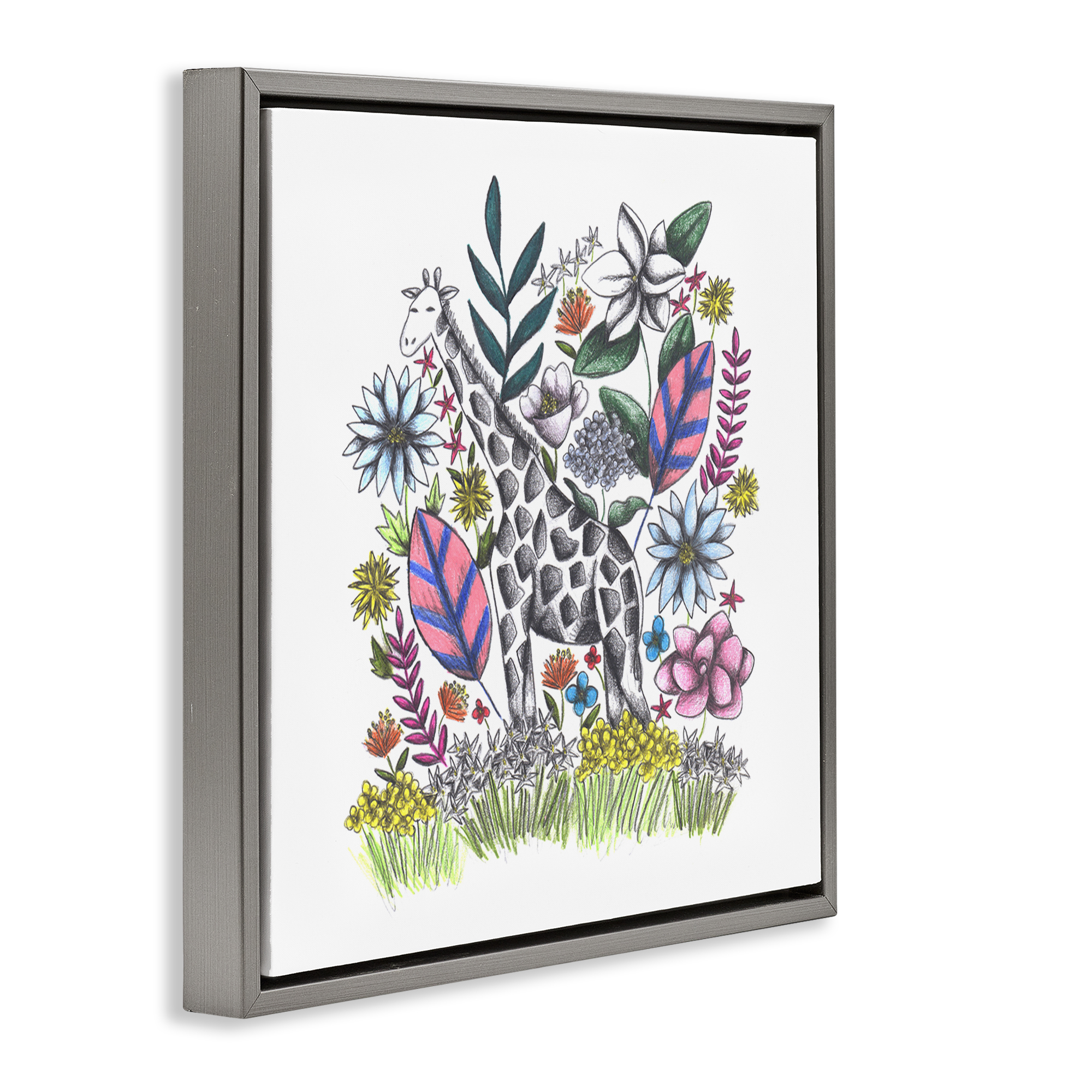 Giraffe in Midst of Flowers Gray Framed Floater Canvas Wall Art, design by Cecilia Battaini