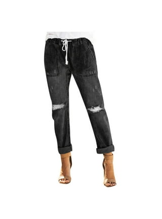 Women Loose Boyfriend Jeans Stretchy Ripped Distressed Joggers Denim Pants