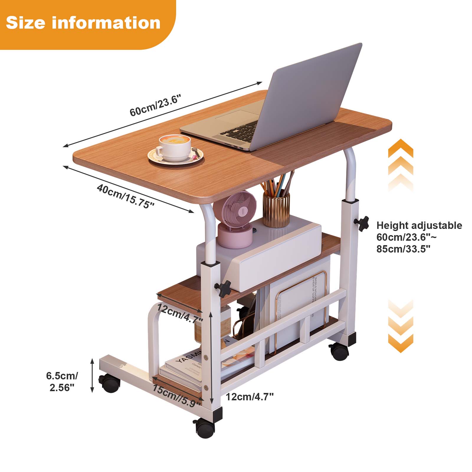 Roromall 23.6" Adjustable Height Portable Rolling Desk Mobile Standing Desk, Small Computer Table, Mobile Stand Up Table with Wheels & Storage Shelves for Home Office School