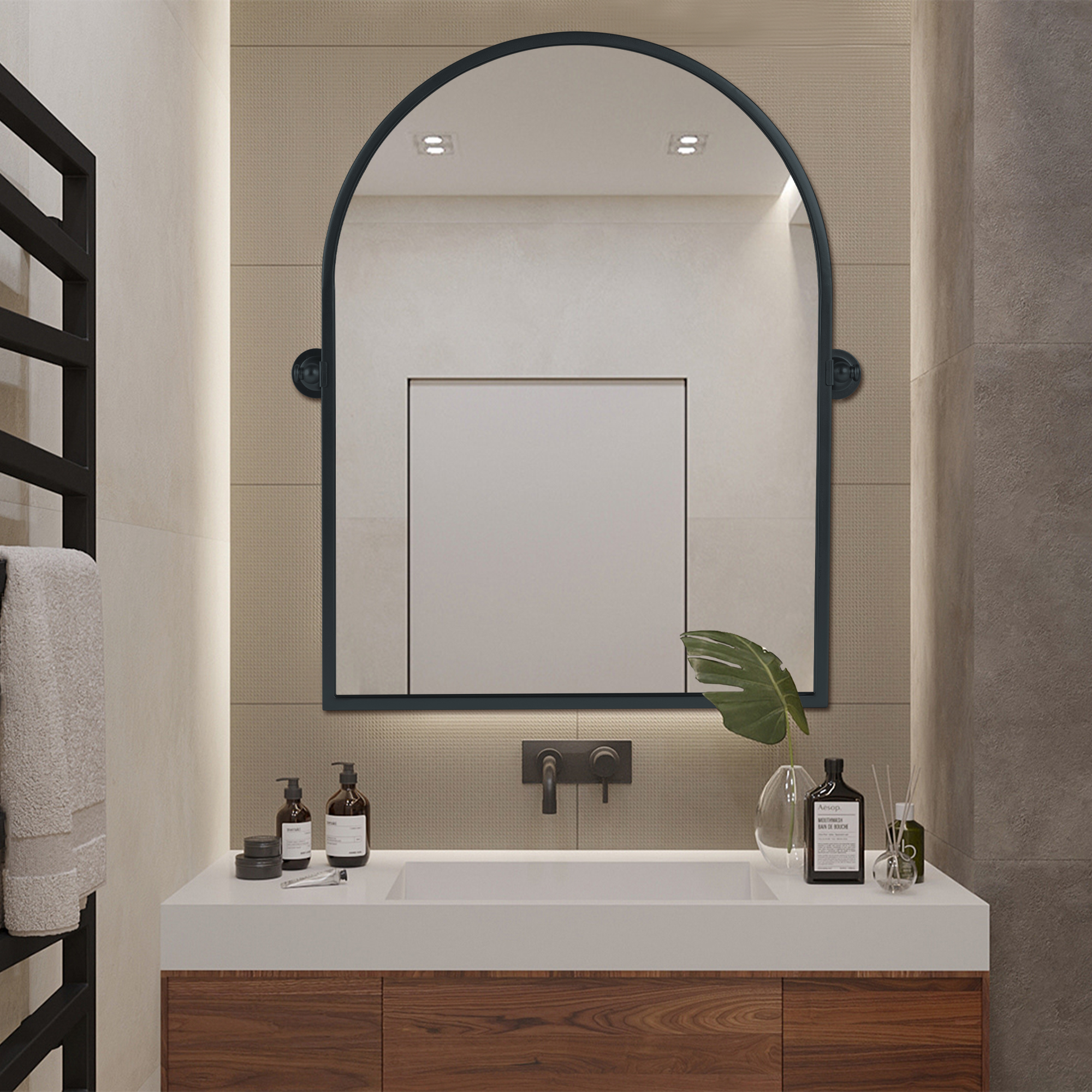 MAYEERTY 32"x24" Arched Gold Wall Mounted Black Vanity Mirror