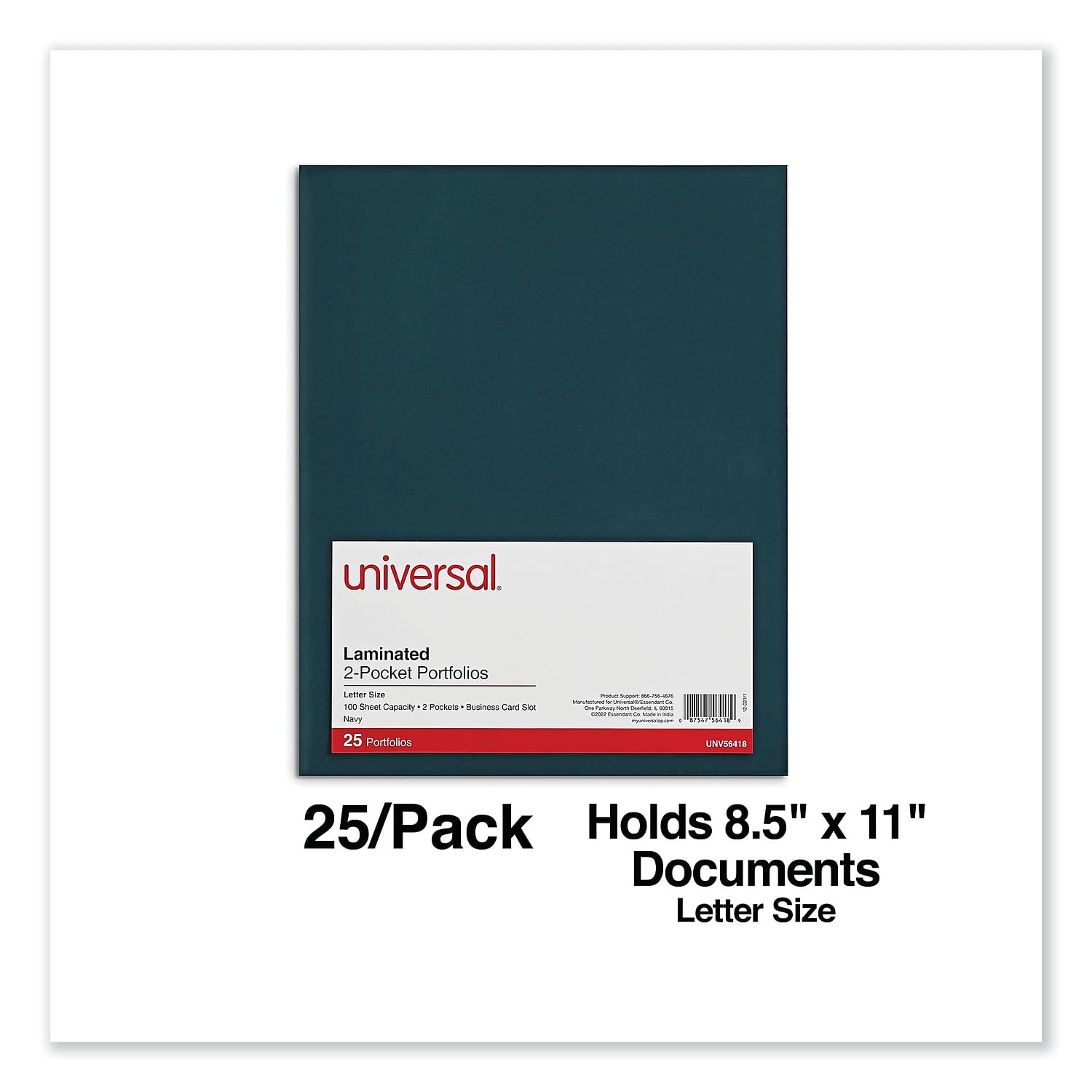 11 in. x 8-1/2 in. Cardboard Paper, Laminated Two-Pocket Folder - Navy (25/Pack)