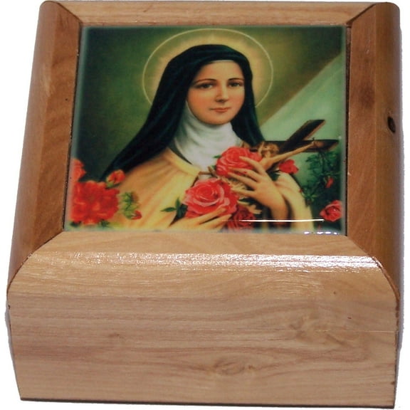 Holy Land Market First Communion Box - Rosary Box - Bethlehem Olive Wood (Cerarmic - St. Theresa)