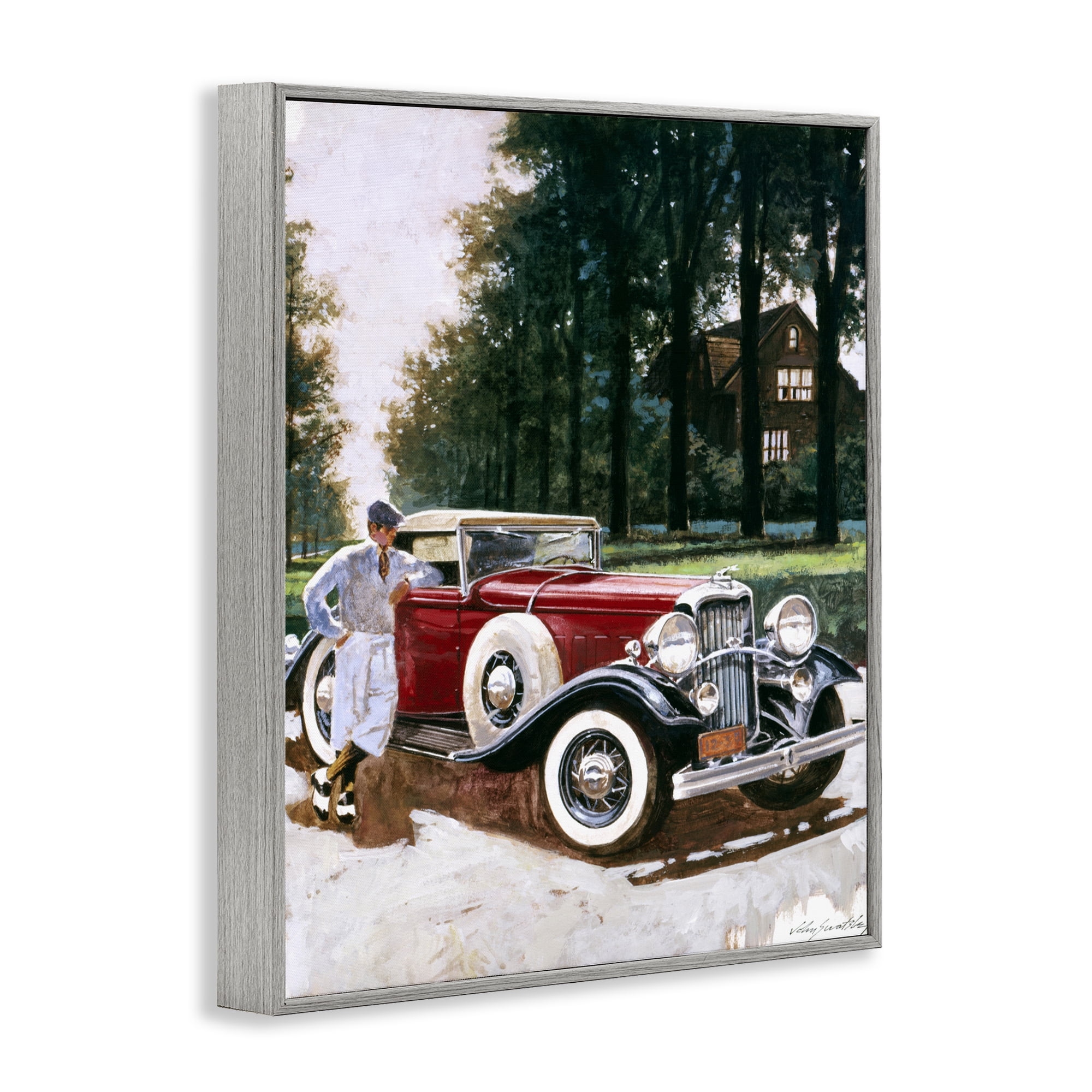 Retro Convertible Coupe & Driver Gray Framed Giclee Art, design by Wind River Studios