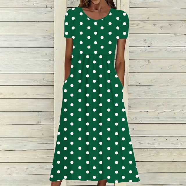 TaTaai Short Sleeve V-Neck Polka Dot Dress Women's Stretchy Solid Color Maxi Casual Loose Fit Summer Dress Elastic Waist Gift