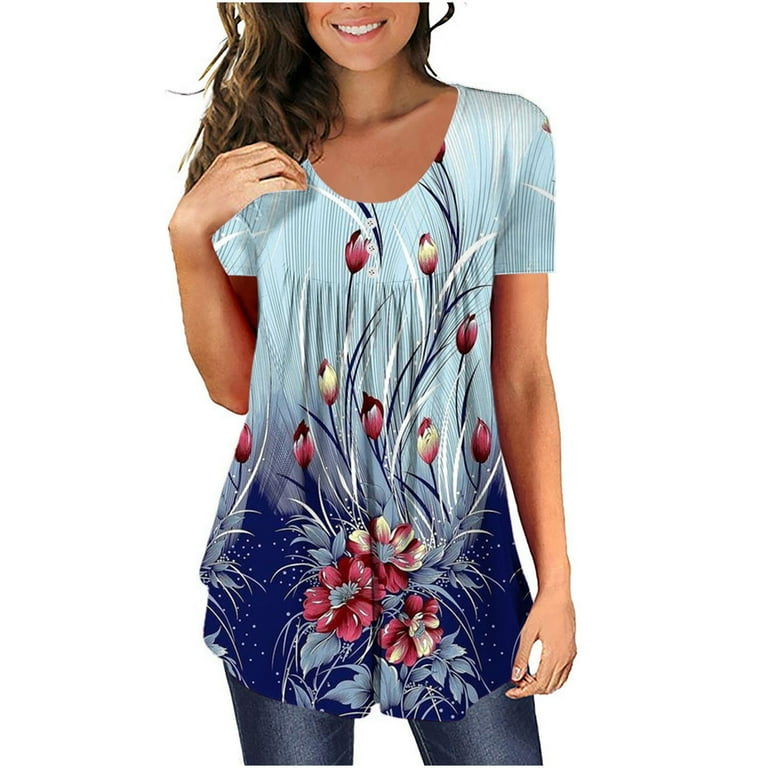 Womens V Neck Short Sleeve T Shirts Summer Casual Floral Print Flowy Pleated Loose Tunic Tops Button Up Plain High Low Hem Tees Blouse Walmart