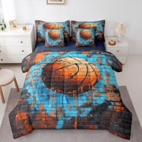 Manfei Basketball Graffiti 7-Piece Twin Bedding Sets,Teens Sport Bedding Comforter Set,Orange Blue Sheet Sets For Boys,Luxury Bedroom Decor Reversible
