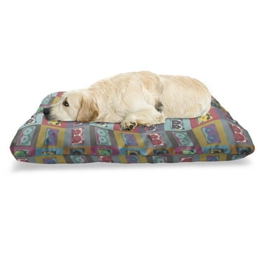 Retro Pet Bed, Hippie Design of Audio Cassettes in Squares Dance to the Nostalgic Music 70's 60's, Resistant Pad for Dogs and Cats Cushion with Removable Cover, 24" x 39", Multicolor, by Ambesonne
