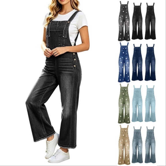 Tqcoqu Women's Denim Wide Leg Jumpsuit, Casual Loose Overalls with Frayed Hem & Adjustable Straps for Daily Outdoor Wear,Women's,Size S-XXL