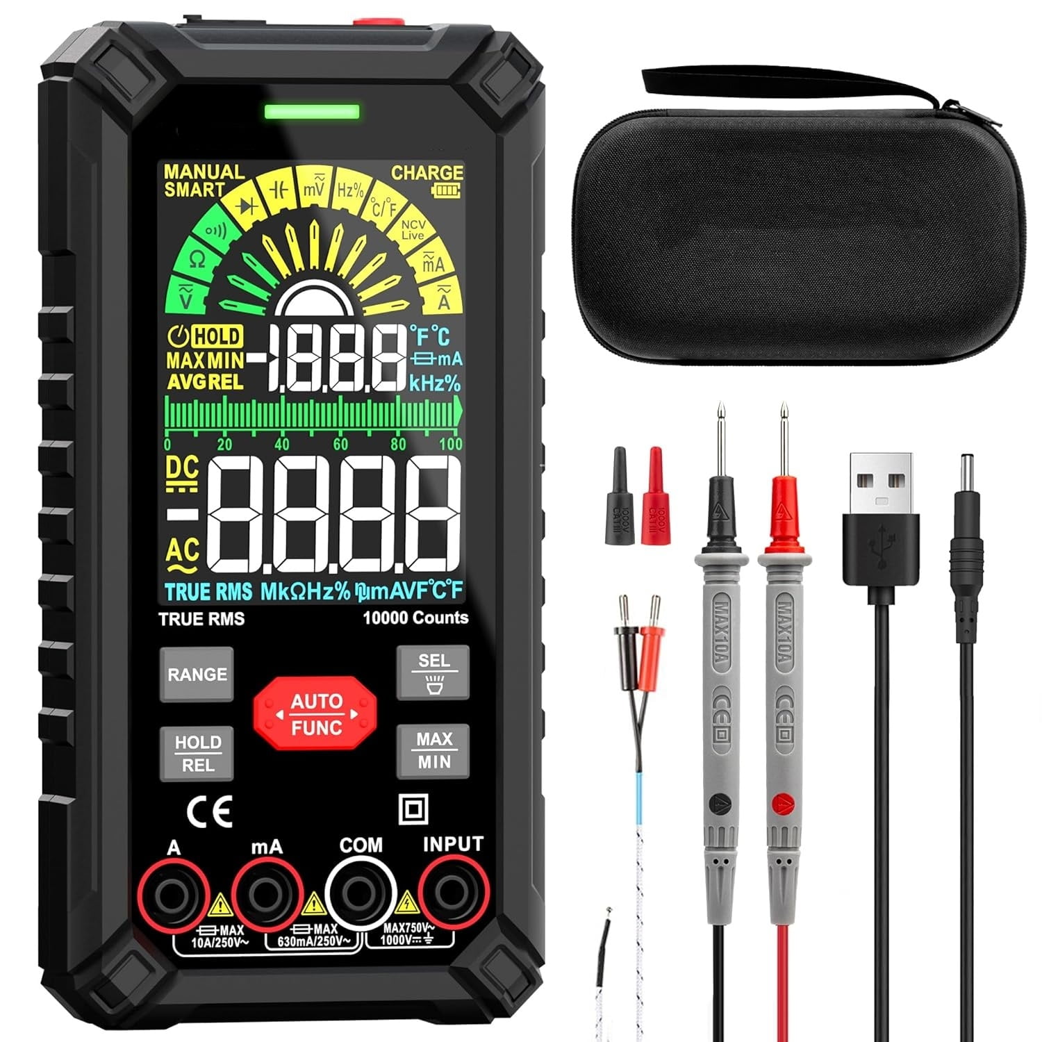Digital Multimeter 10000 Counts TRMS Auto Ranging, Rechargeable Smart Multimeter, Color LCD Screen Volt Meter, Measures Voltage, Current, Resistance, Continuity, Capacitance, Frequency