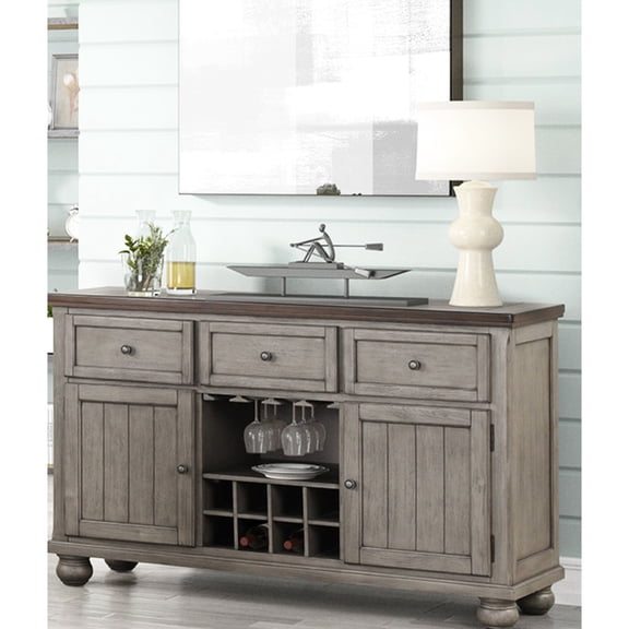 Rustic Two Tone Server Featuring Three Drawer - 2 Cabinets For Wine Storage Gray Solid Wood   Two-tone With Facilities Drawer,