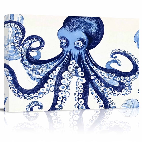 Retro Octopus Canvas Print Wall Art Coastal Octopus Watercolor Ocean Pictures Painting Morden Artwork for Living Room Bedroom, Ready to Hang - 12"x16"