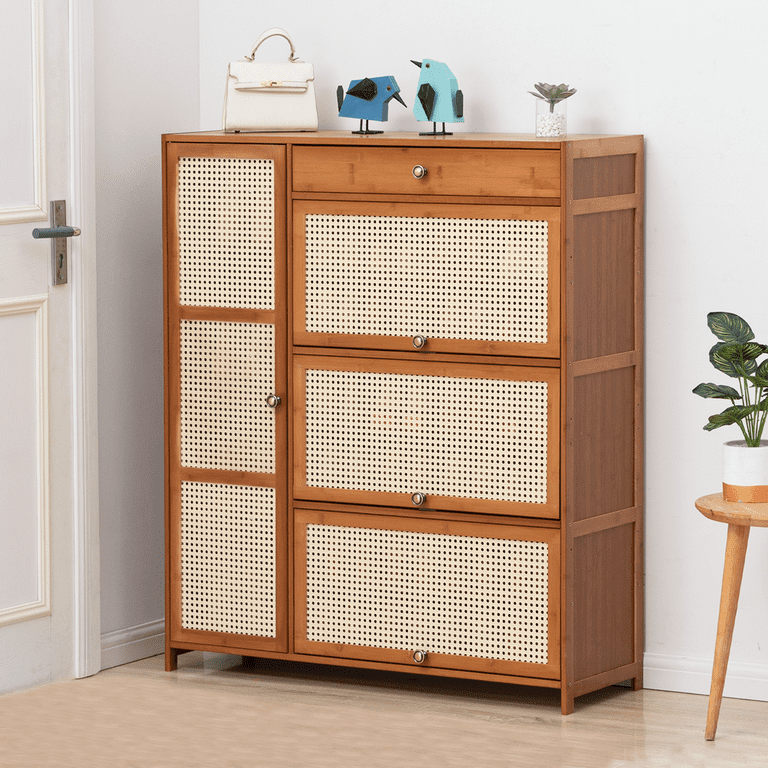 Magshion Bamboo 28 Pairs Shoe Cabinet 6 Shelves Entryway Shoe