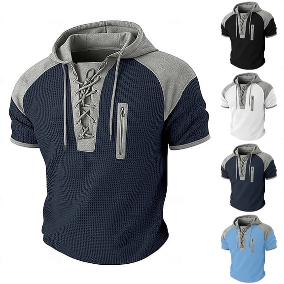 Men's Colorblock Short Sleeve Hoodie T-Shirt | Cotton Blend Pullover Hooded Top | Crewneck, Athletic Fit, Kangaroo Pocket | Breathable, Stretch Fabric | Casual Daily, | Zenithor,Black L