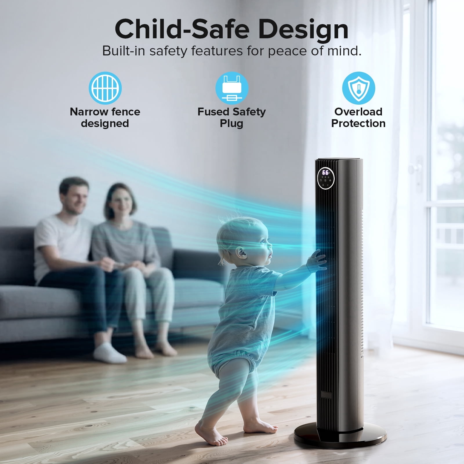 Electactic 35" Oscillating Tower Fan, Bladeless Floor Fan with Remote, 4 Modes & 3 Speeds, 12H Timer, Quiet & Family-Safe, LED Display, 85° Wide Cooling for Bedroom & Home (Gray)