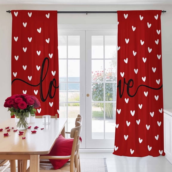 Valentine's Day White Love Hearts Chiffon Sheer Curtains 84 Inches Long, Sweetheart and Quote on Red 2 Rod Pocket Window Treatment Voile Drapes Curtains for Living Room Bedroom,2 Panels, 52x84In