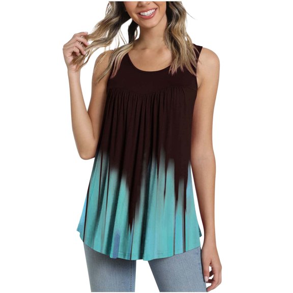 Summer Saving Wycnly Womens Tank Tops Gradient Round Neck Sleeveless Shirts Loose Flowy Pleated Swing Vest Tunic Blouse Wine M Up to 65% off