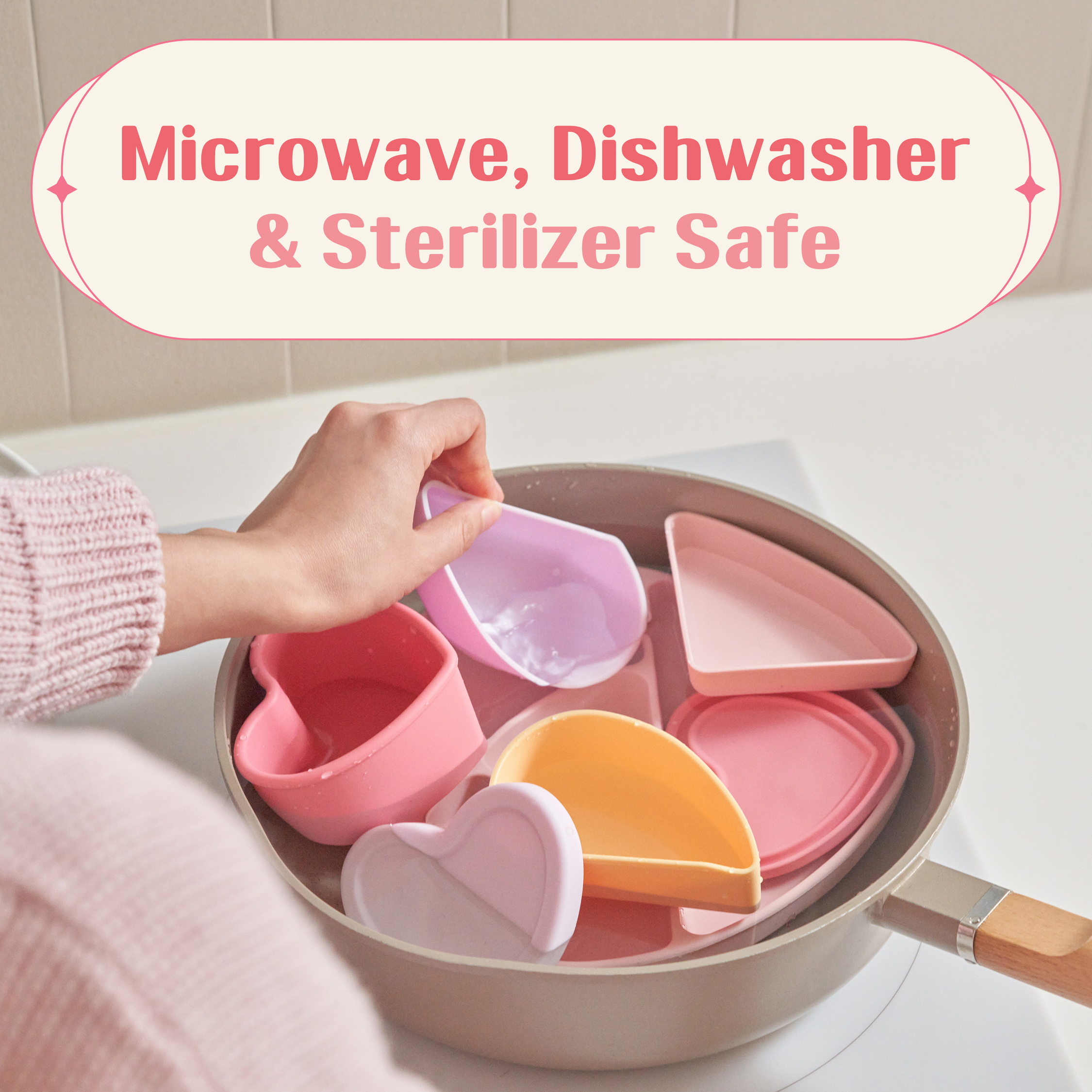 LOVEAT Heart Baby Lunch Box 15.2 fl oz (450 ml) – Silicone Suction Divided Plate for Toddlers and Kids, BPA Free Feeding Dish with Lid, Microwave and Dishwasher Safe (Almond Milk)