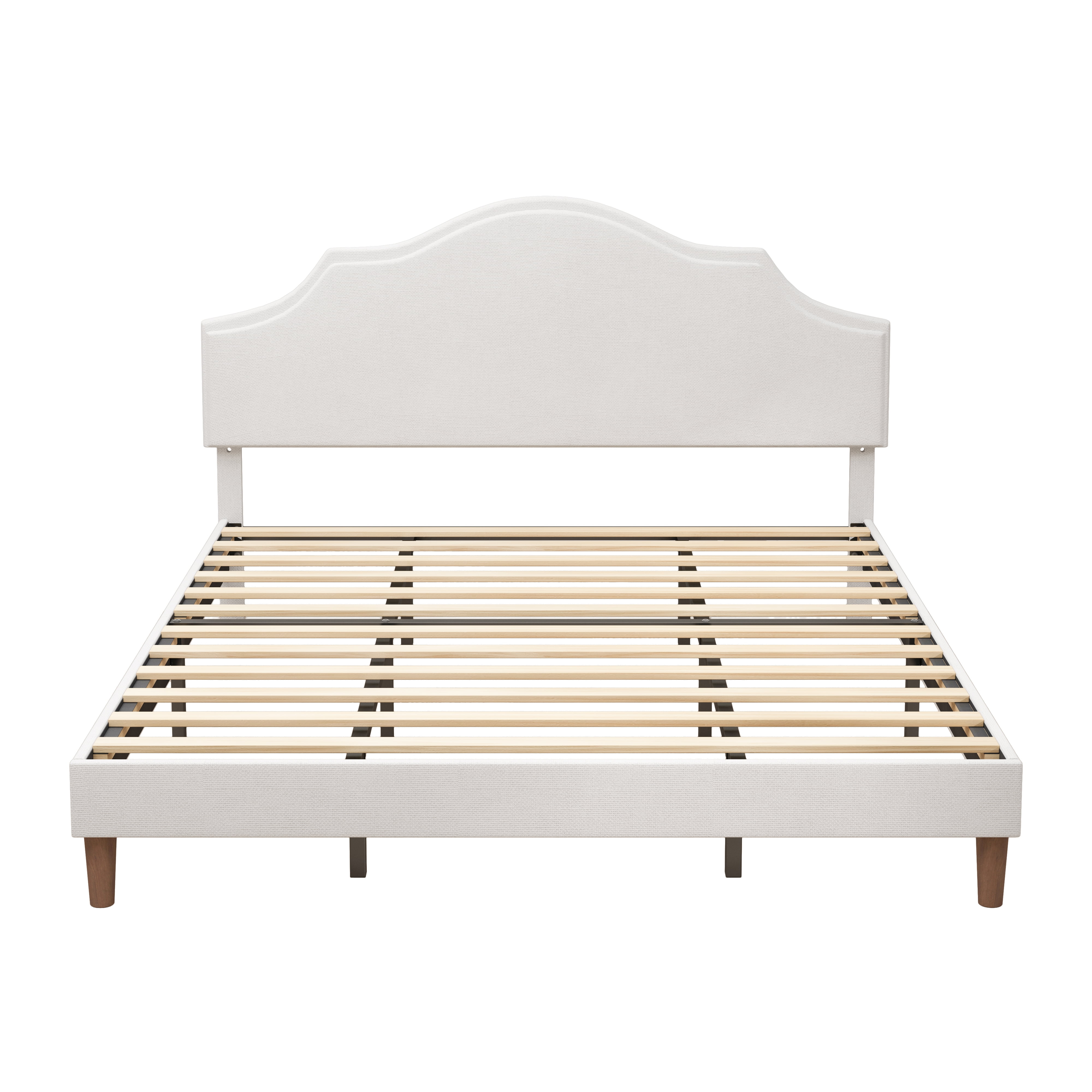 King Size Bed Frame Upholstered Platform Bed with Adjustable Headboard,Linen Fabric Padded,Modern Simple Style Platform Bed No Box Spring Needed, Easy Assembly, White