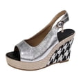 thumbnail image 5 of Rokment Women's Metallic Checkered Wedge Heeled Dressy Sandals Vintage Fashion Casual Leather Platform Chunky High Heels Slingback Summer Dress Shoes for Ladies Banquet Silver Size 7.5, 5 of 7