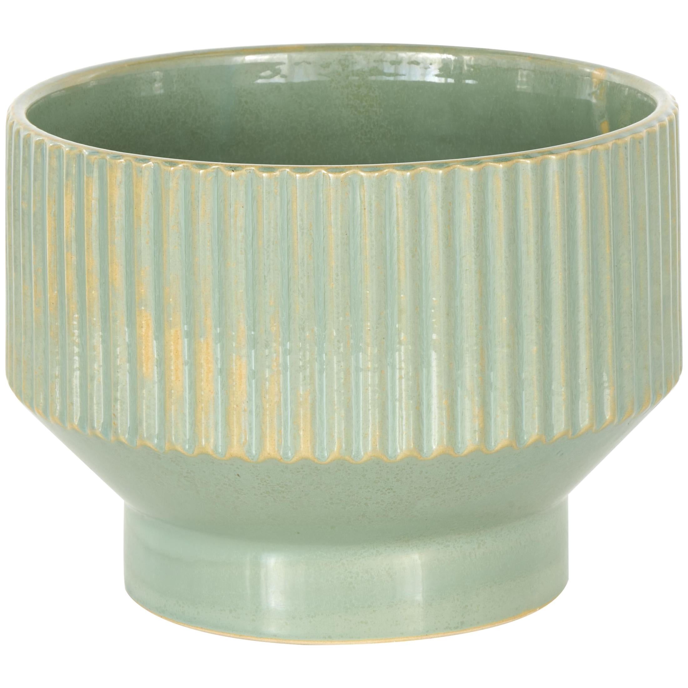 DecMode 10", 8" and 7"W Wide Green Ceramic Planter with Linear Grooves and Tapered Bases (3 Count)