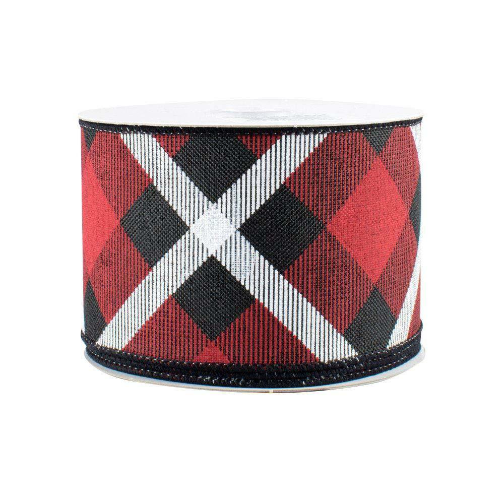 Diagonal Plaid Wired Christmas Ribbon 2 1/2 inch x 10 Yards, Red