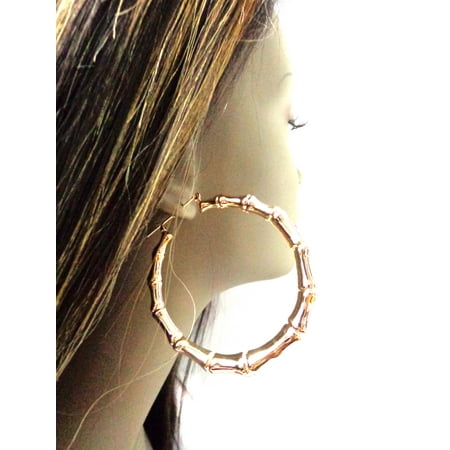 Gold Vermeil Bamboo - Bamboo Gold Hoop Earrings Round Plated 3 inch Hoops