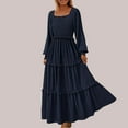 thumbnail image 2 of Robes Grande Taille Jupe Plissée à Manches Longues Col Carré Décontracté à Pois Robe Fluide de Printemps Bleu Foncé TTG, 2 of 4