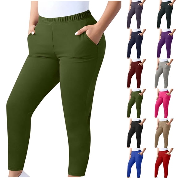 SROBPTY Women Plus Size Solid Stretch Elastic Waist Casual Sports Base Yoga Pants with Pockets Red, L