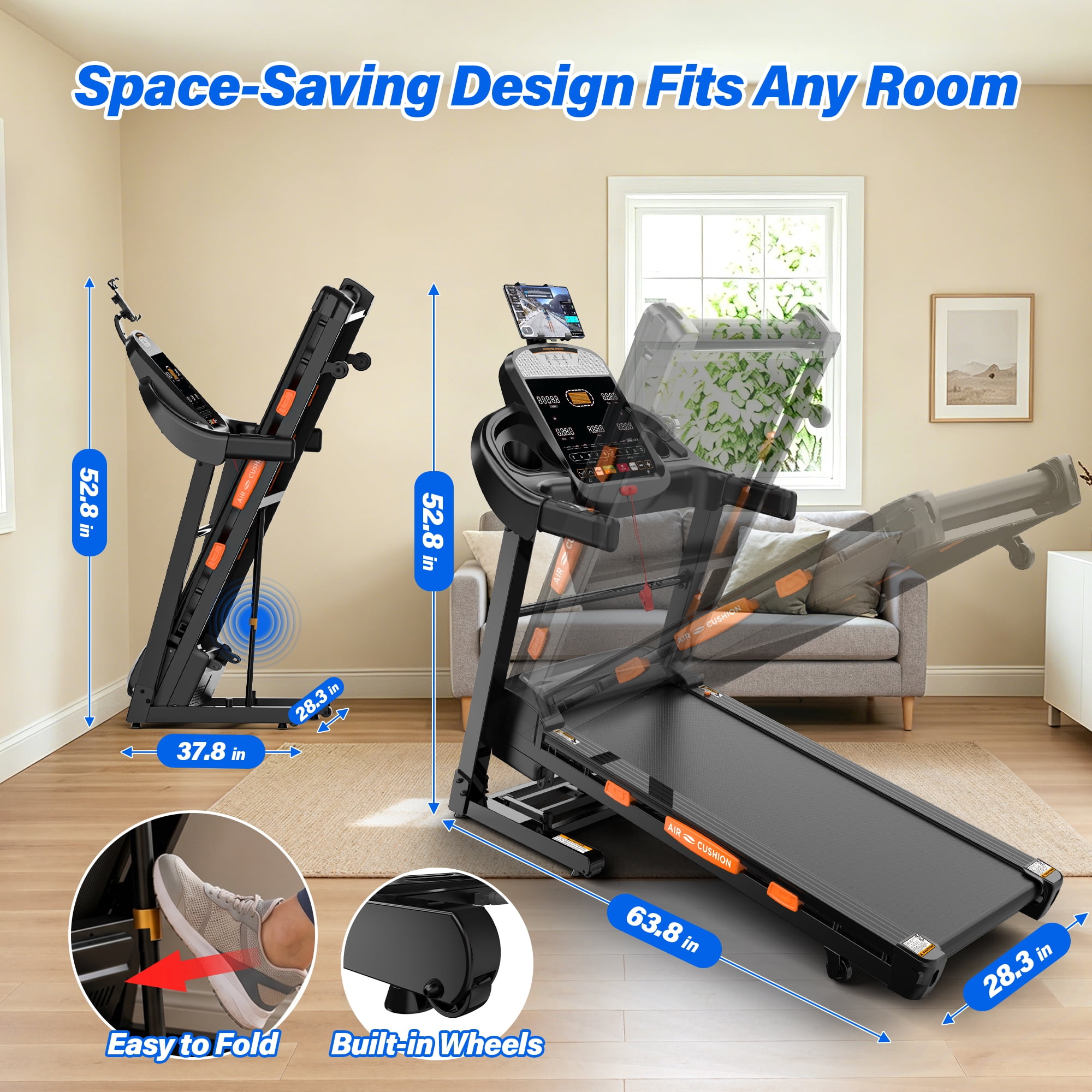 Folding Treadmill with Auto Incline, 5HP Brushless Motor, 0.6–12 MPH Speed Range, 20 Incline Levels, 300 lb Capacity, Bluetooth App Control, One-Touch Folding Design, 90% Pre-Assembled