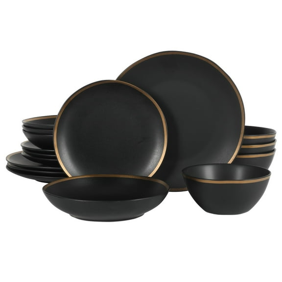 Gibson Elite Kings Road Double Plates and Bowl Organic Round Porcelain Dinnerware Set - Matte Black w/ Gold Rim