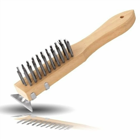 Soro Essentials- 11” Heavy Duty Broiler Brush with Steel Scraper and Wooden Handle- Wire Brush BBQ Grill Brush for Grill Grate Cleaner Grill Accessories for Charcoal Grill