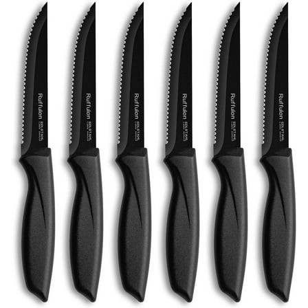 Ruffulon Steak Knives Set of 6,Black Steak Knife,Stainless Steel Ergonomic Handle,Sharp Dinner Knife,Rust Resistant,Dishwasher Safe