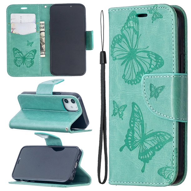 Allytech Iphone 12 Mini Case Folio Flip Pu Leather Slim Fit Kickstand Cover With Credit Cards Holder Hand Wrist Strap Wallet Case Cover For Apple Iphone 12 Mini 5 4 Green Walmart Com