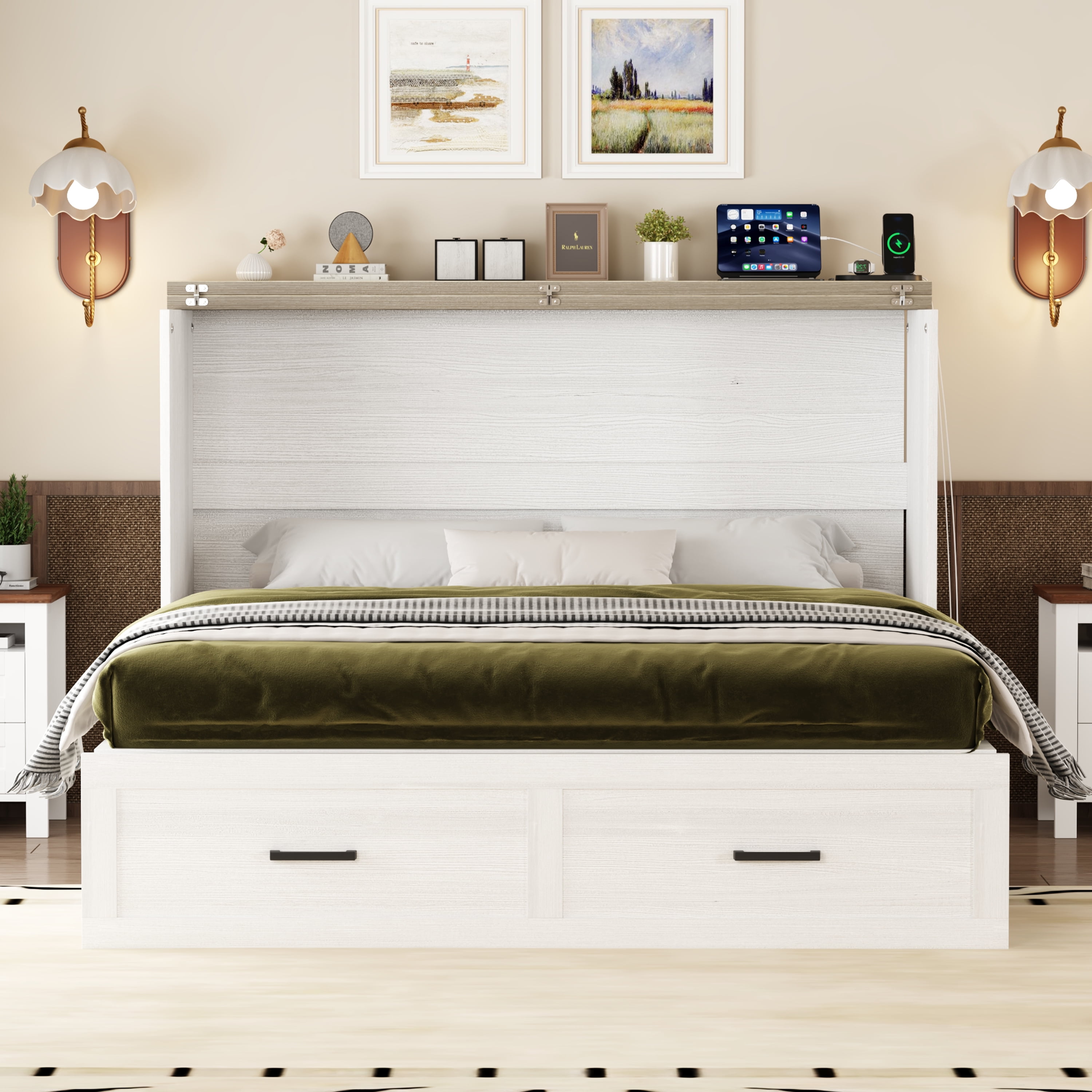 Mintazer Queen Farmhouse Murphy Cabinet Bed with Charging Station & Storage Drawers, Foldable Platform Bed for Bedroom Guest Room, White