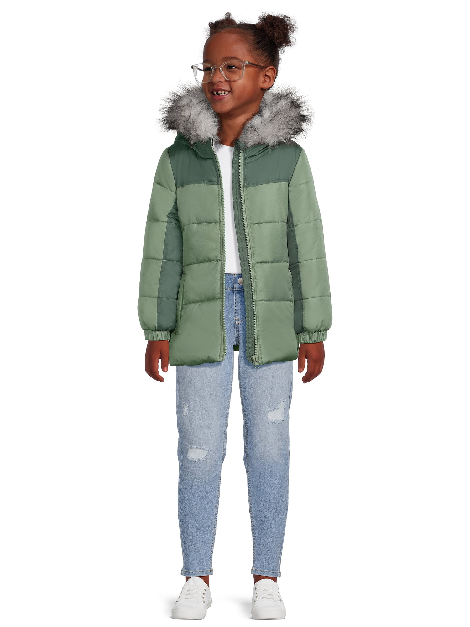 Weather Tamer Girls Hooded Long Sleeve Colorblocked Winter Puffer Coat, Sizes 4-16