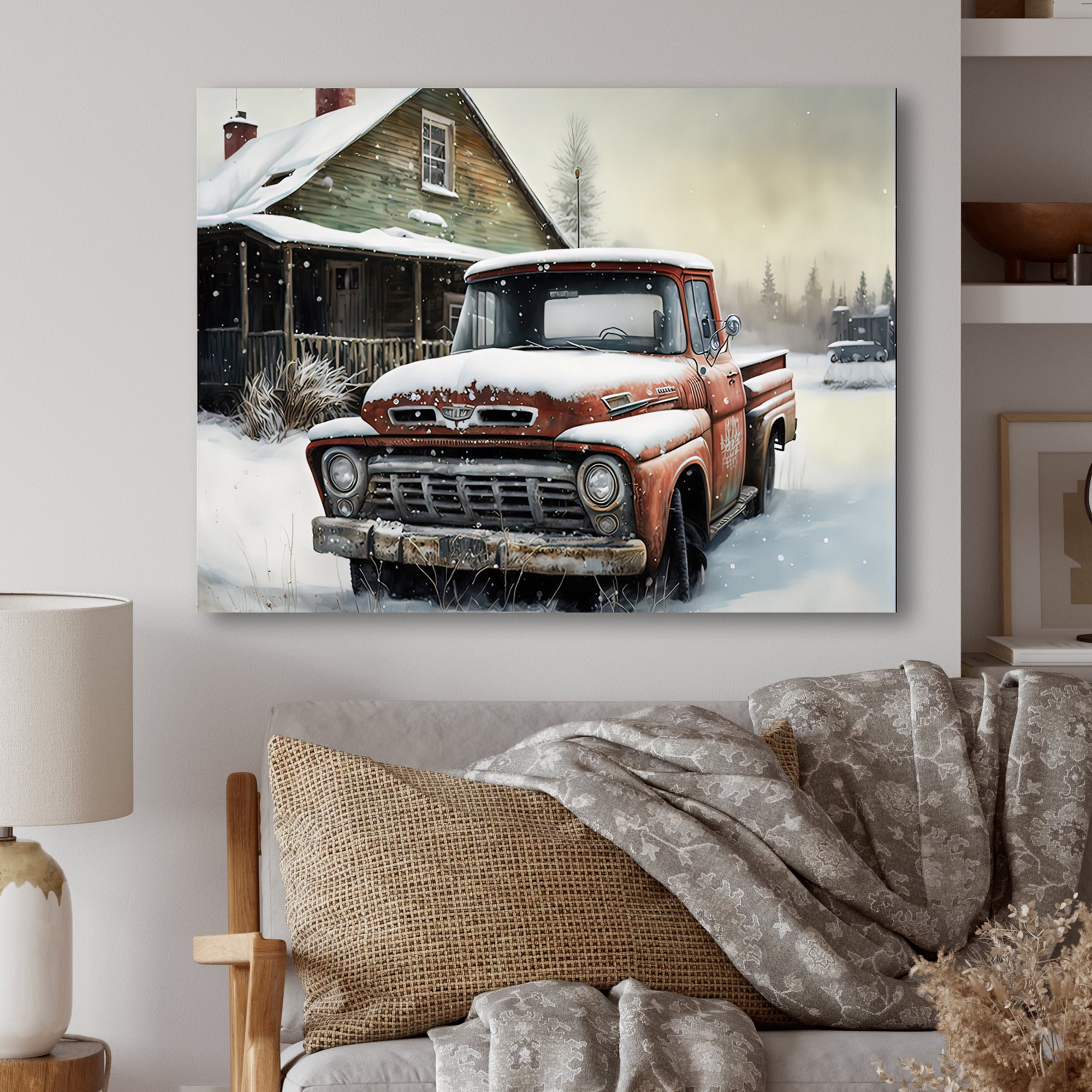 Designart Old Truck At The Barn In Winter II Canvas Wall Art