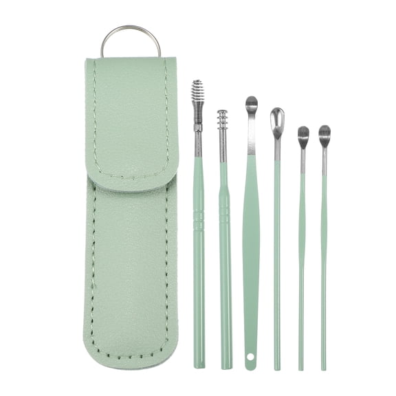 Unique Bargains 6 Pcs Stainless Steel Ear Cleansing Tool Set with Faux Leather Packaging Green