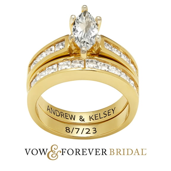 Vow & Forever Personalized Planet Bridal 14K Gold over Sterling Silver Marquise White Topaz 2 Piece Engraved Wedding Set ,Women's