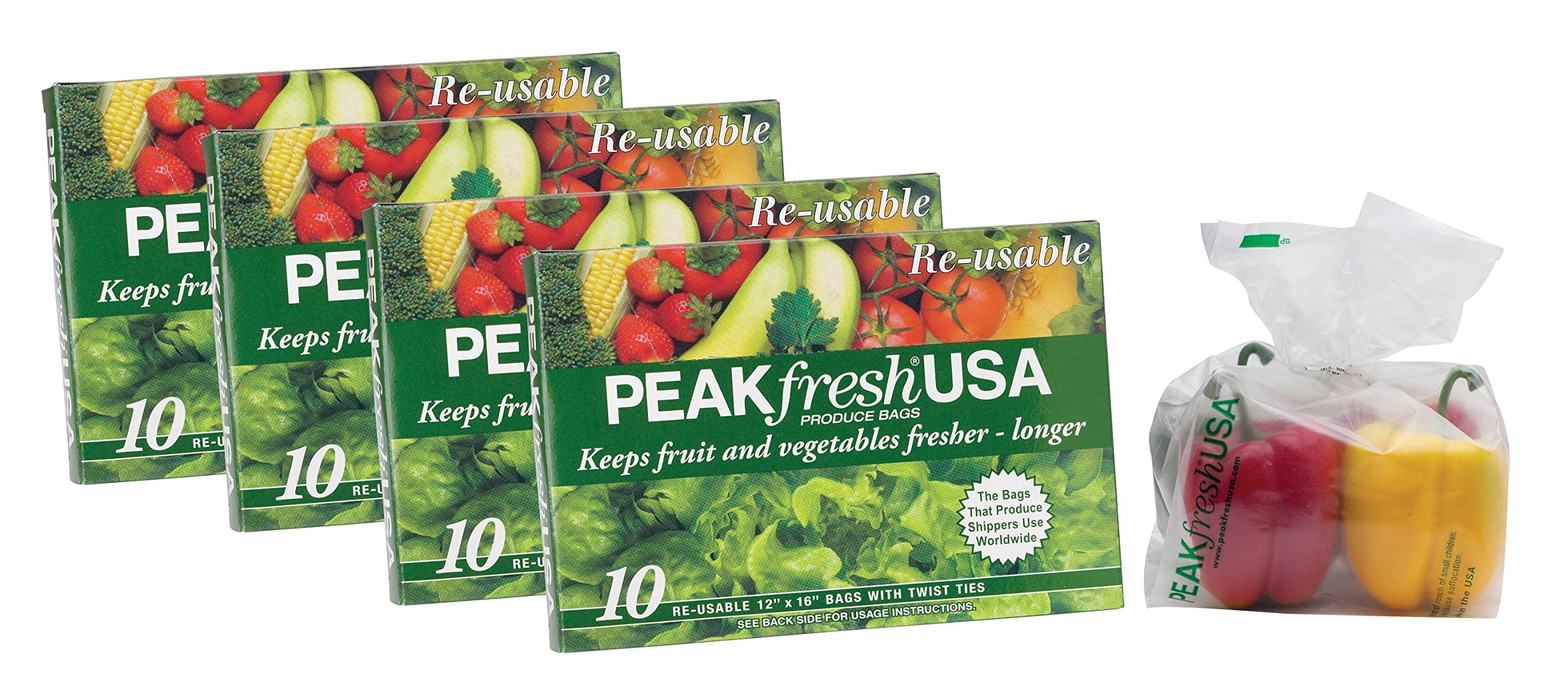 Peak Fresh Reusable Produce Bags, Set of 4, 40 Bags Total