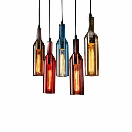 

OUKANING Colored Glass Pendant Light 5-Light Vintage Industrial Wine Bottle Chandelier Adjustable Height Ceiling Hanging Fixture