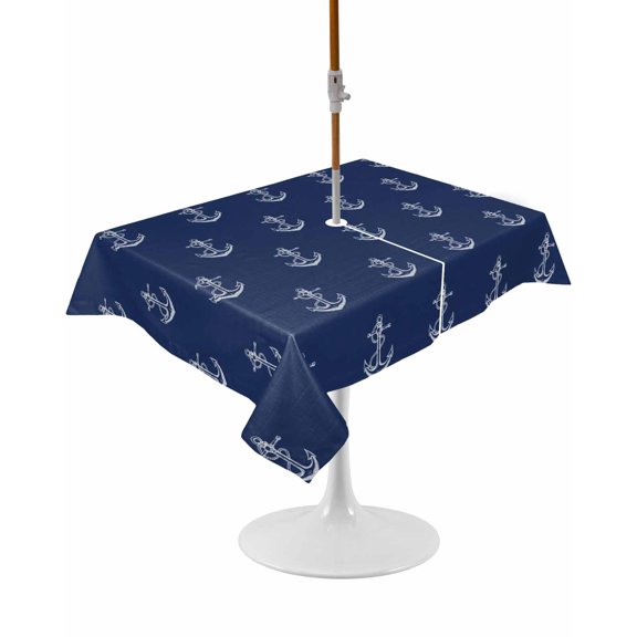 Outdoor Table Cloth with Umbrella Hole and Zipper, Navy Blue Anchor Waterproof Rectangle Tablecloth 54"x80", Nautical Coastal Summer Ocean Ship Washable Table Cover for Outside Party Patio Picnic