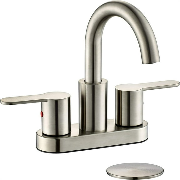 2 Handle Centerset Bathroom Sink Faucet Brushed Nickel with Drain Assembly, High Arc Modern 4 Inch Bathroom Vanity Lavatory Faucet 3 Holes with Brass 360° Swivel Spout,