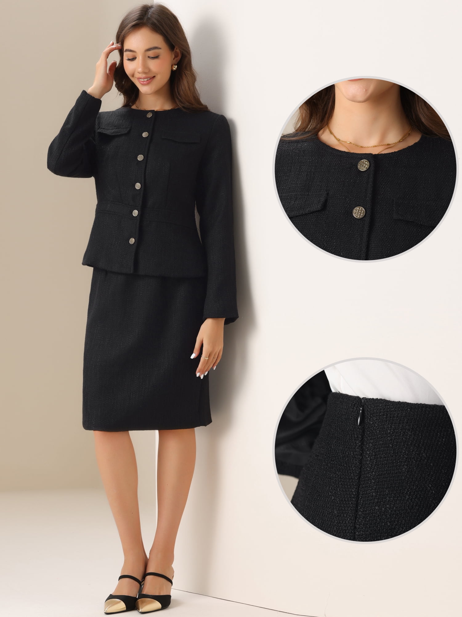 DARING DIVA 2Pcs Women's Tweed Peplum Collarless Blazer Jacket Skirt Set XS Black