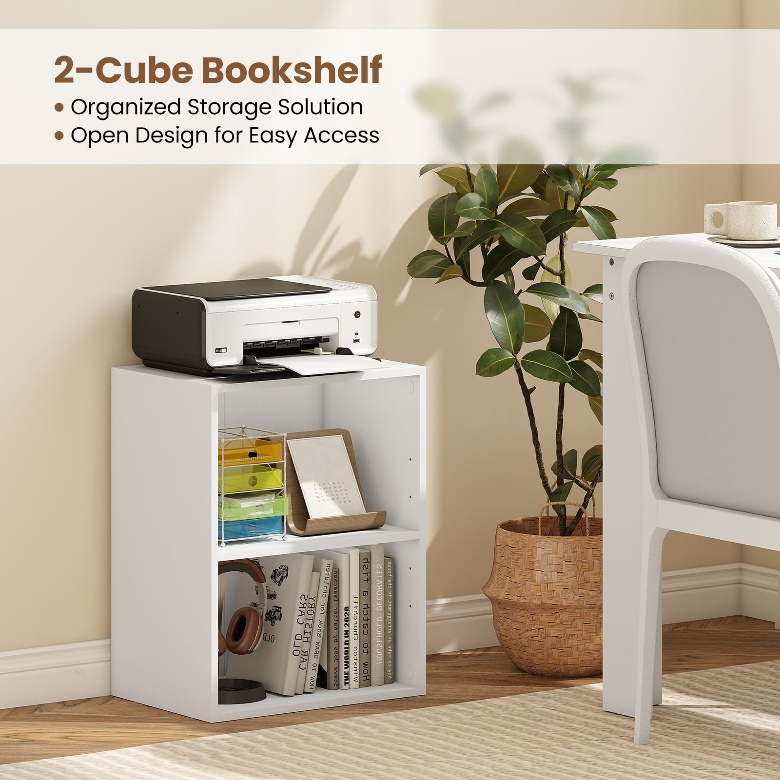 Gymax 2-Cube Bookcase w/ 5-Position Adjustable Shelf Anti-Toppling Kits for Study White