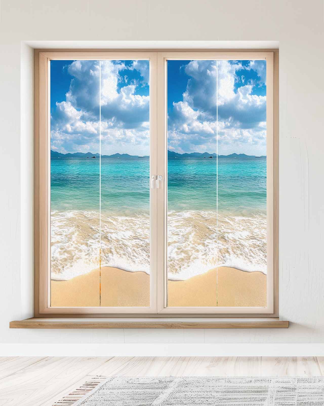 Window Privacy Film Ocean Beach Stained Glass Window Film Decorative Sun Block Window Cover Blue Sky Waves Sand Horizon Shore Summer Window Clings Static Adhesive Sticker for Bathroom 23.6"x59"